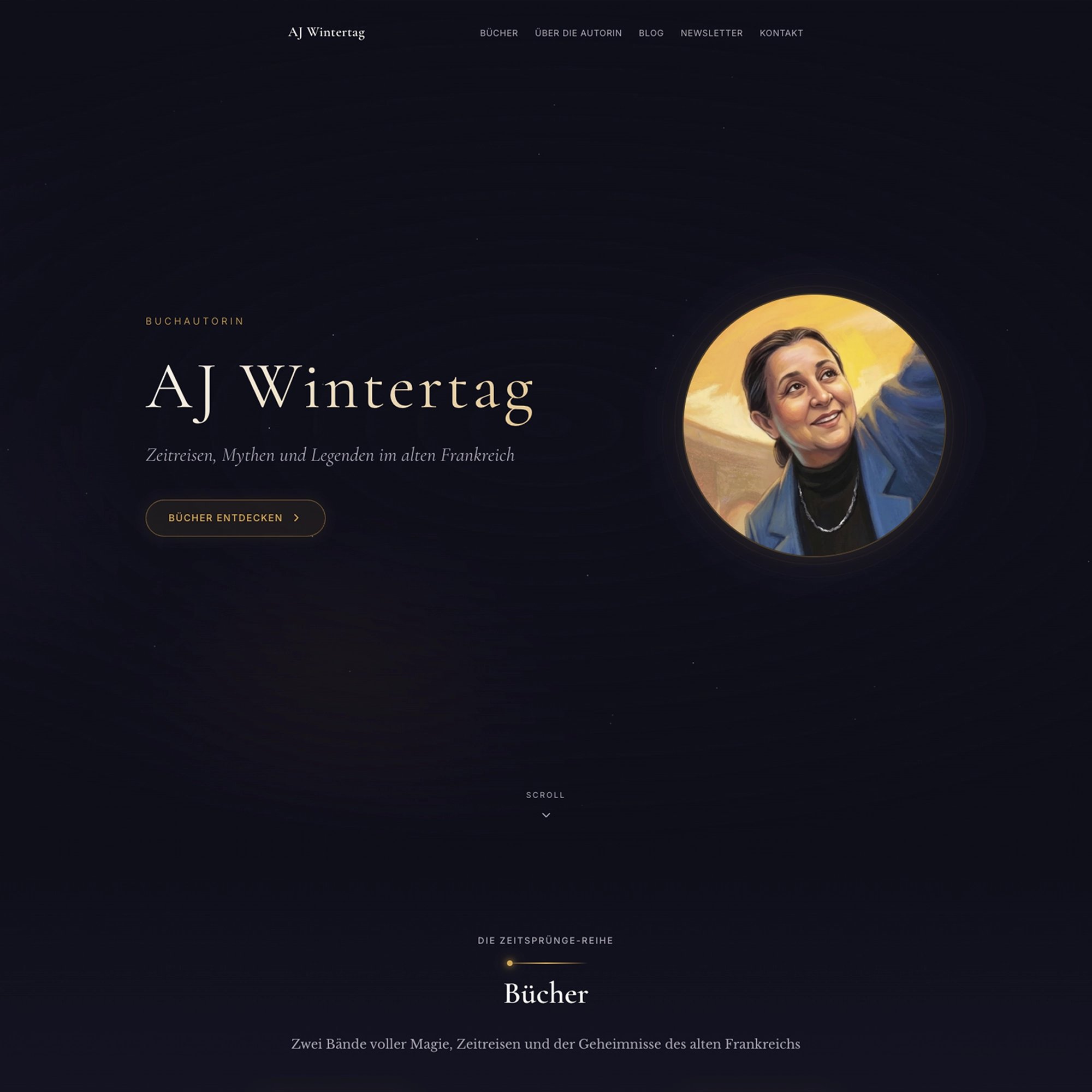 AJ Wintertag – Autorenwebsite mit Dark Theme und magischen Effekten
